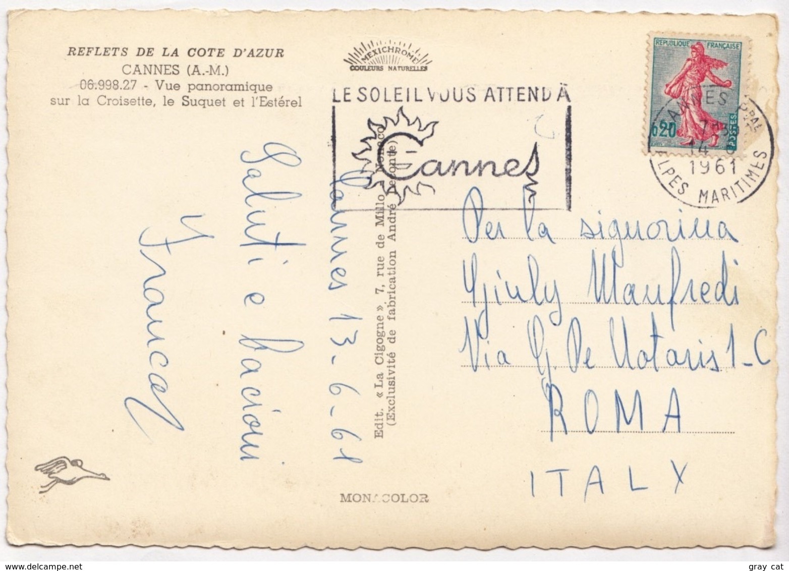 CANNES, Vue Panoramique Sur La Croisette, Le Suquet Et L'Esterel, 1961 Used Postcard [23568] - Cannes