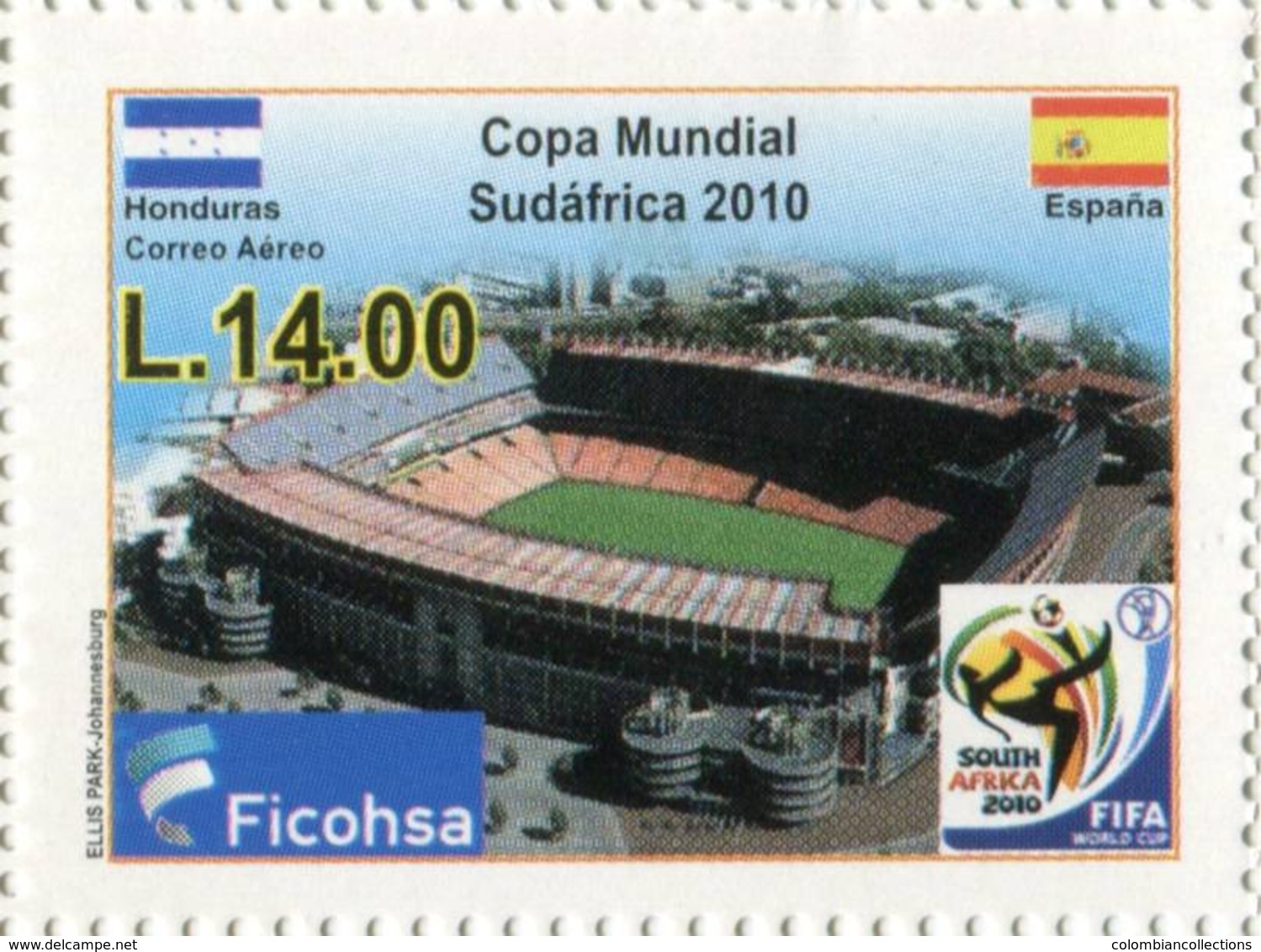Lote H24, Honduras, 2010, Sello, Stamp Copa Mundial Sudafrica 2010, Football, Futbol, Soccer, España, Spain - Honduras