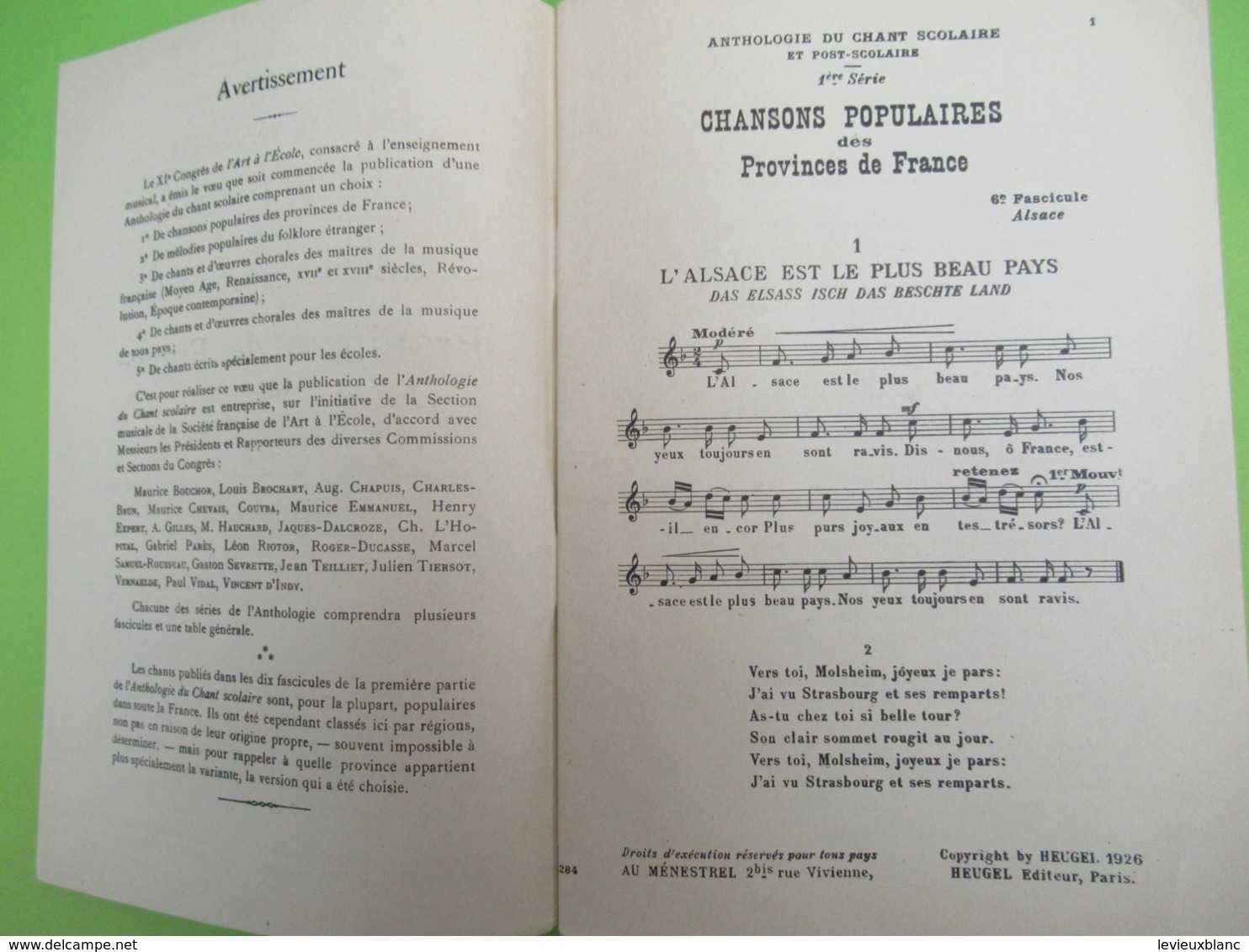 Livre /Anthologie Du Chant Scolaire Et Post-Scolaire/Chansons Populaires Des Provinces De France.ALSACE/1926    PART276 - Musique