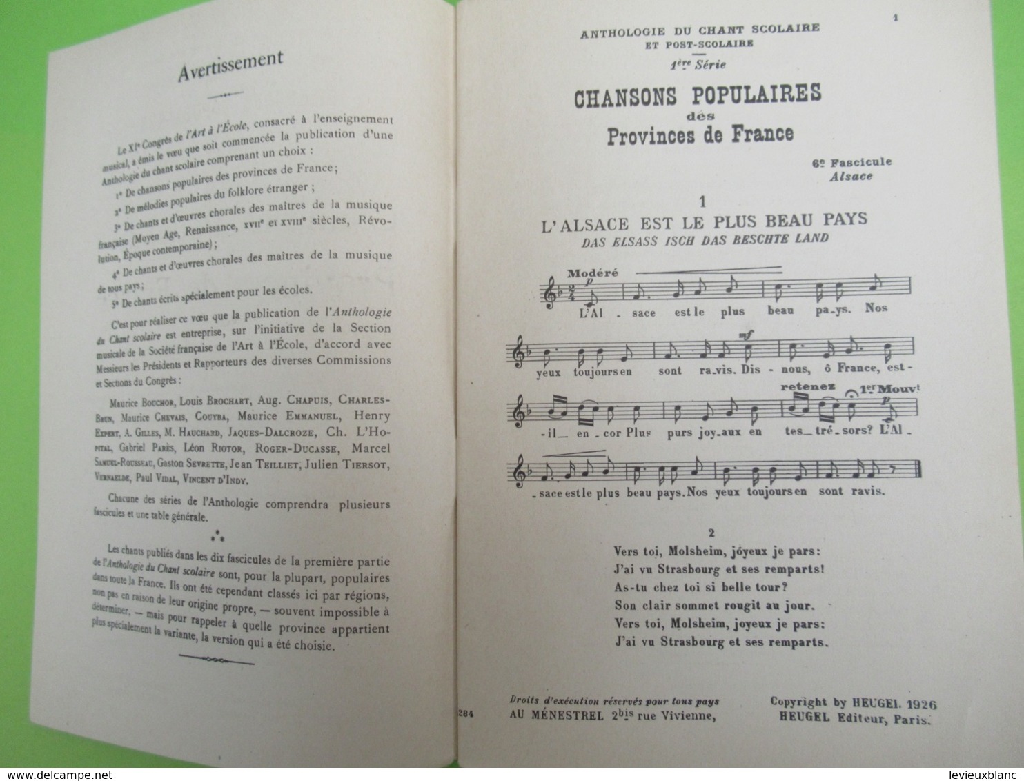 Livre /Anthologie Du Chant Scolaire Et Post-Scolaire/Chansons Populaires Des Provinces De France.ALSACE/1926    PART276 - Music