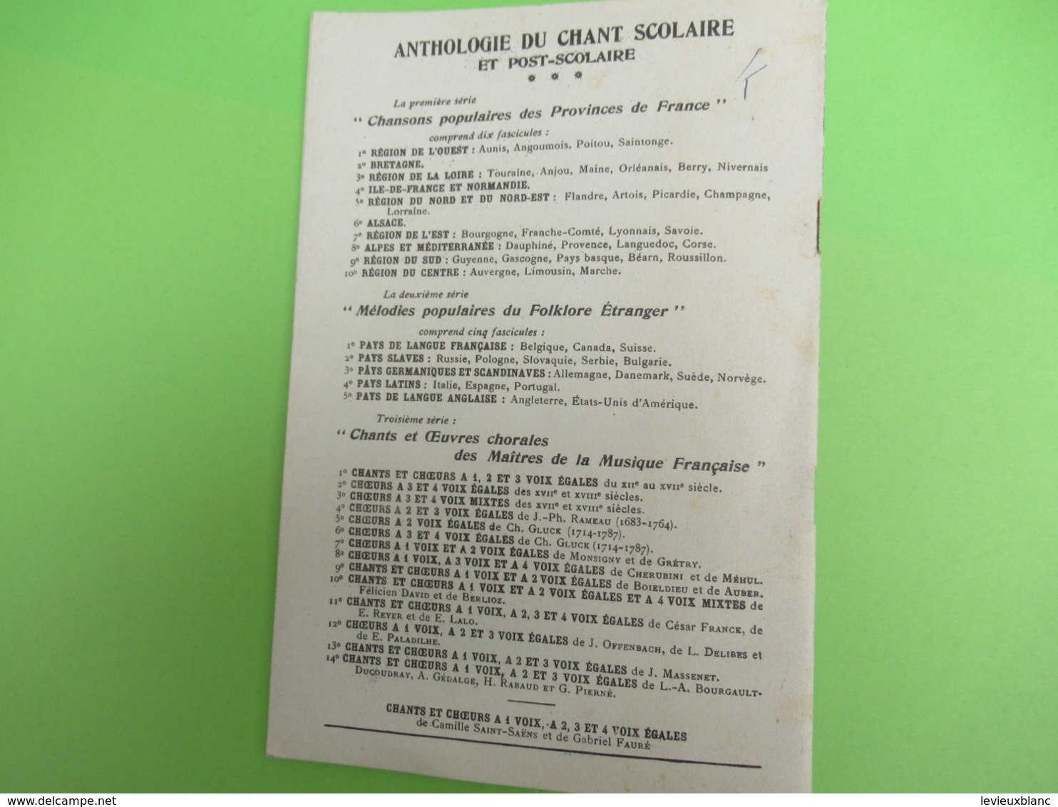 Livre /Anthologie du Chant Scolaire et post-Scolaire/Chansons populaires des provinces de France.ALSACE/1926    PART276