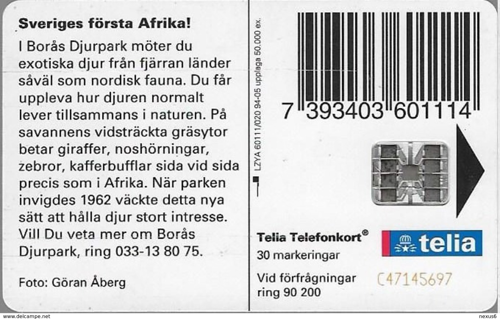 Sweden - Telia - Borås Djurpark Lion Animal - 30U, 05.1994, 50.000ex, Used - Schweden