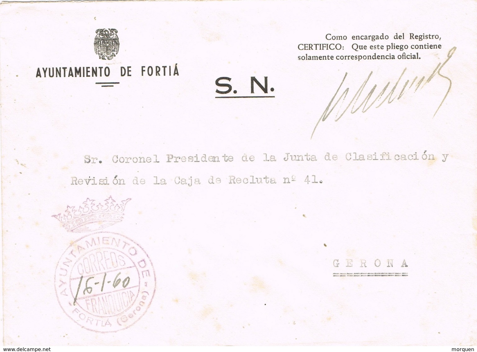 34093. Carta S.N. Franquicia Ayuntamiento FORTIÁ (Gerona) 1960. - Cartas & Documentos