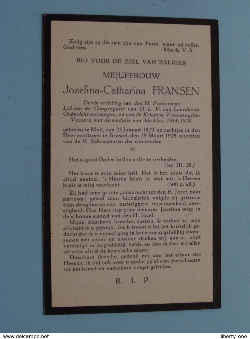 DP Jozefina-Catharina FRANSEN () Moll 23 Jan 1879 - Brussel 29 Maart 1928 ( Zie Foto's ) ! - Esquela