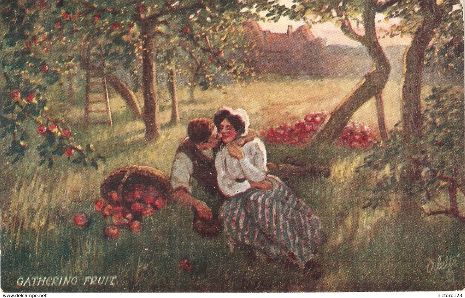 "Couple. Gathering Fruit" Tuck Oilette Country Courthips  Ser. PC # 9944 - Tuck, Raphael