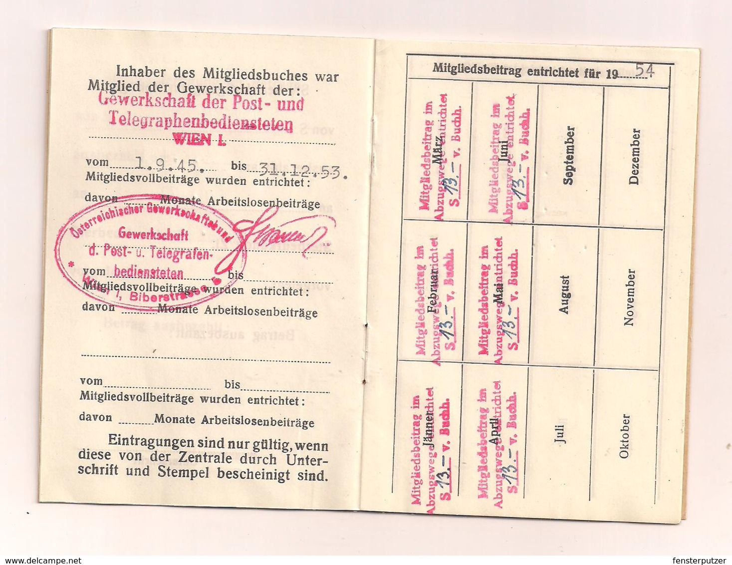 Mitgliedsbuch Gewerkschaft Der Post - Und Telegraphenbediensteten - 1.9.1945 - Other & Unclassified