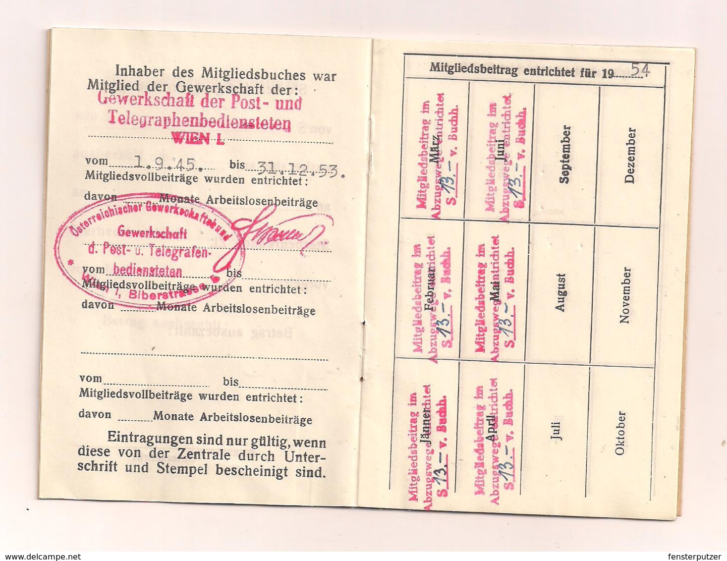 Mitgliedsbuch Gewerkschaft Der Post - Und Telegraphenbediensteten - 1.9.1945 - Otros & Sin Clasificación