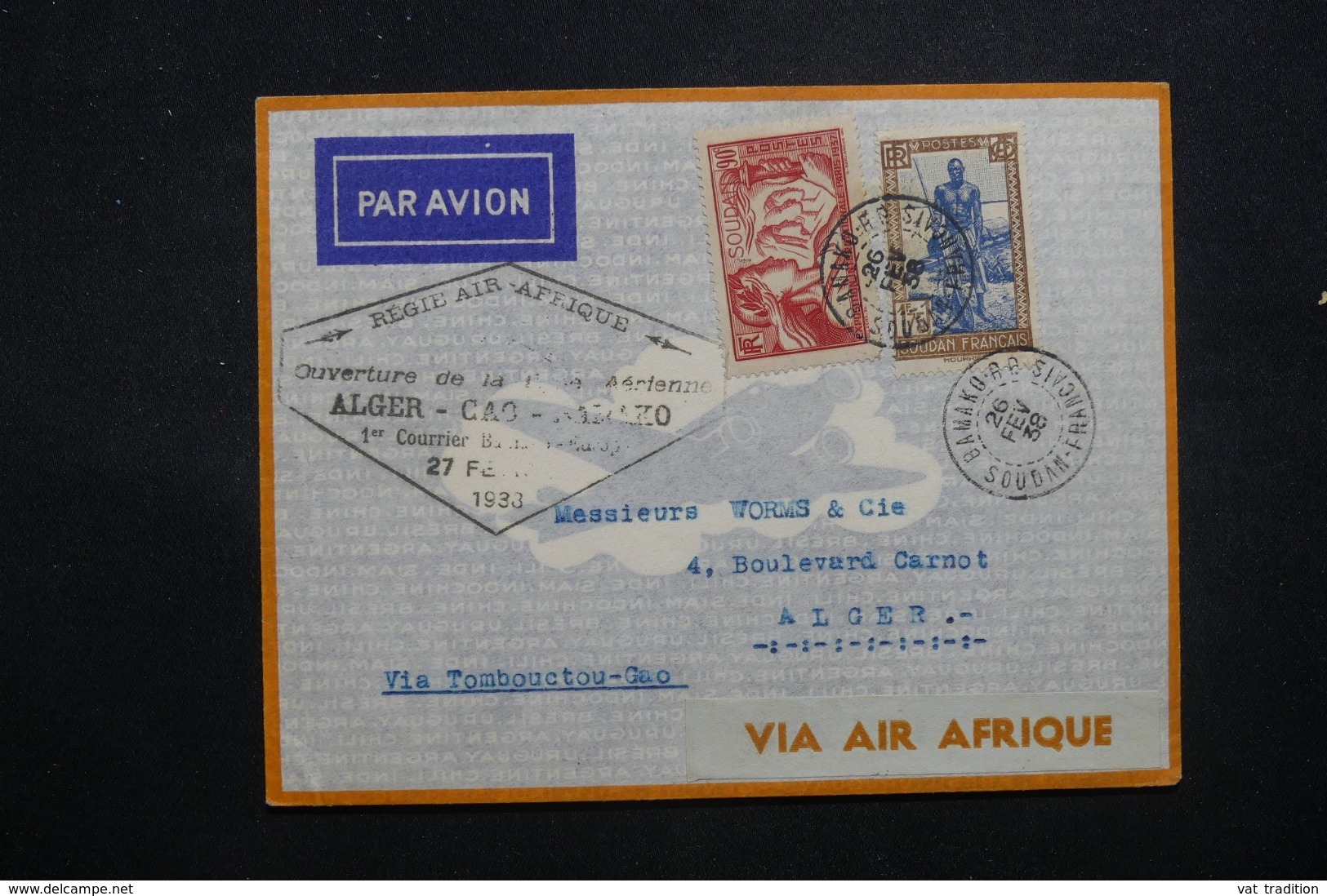 SOUDAN - Enveloppe Du  1er Vol Retour Alger / Gao / Bamako En 1938, Affranchissement Plaisant - L 42828 - Covers & Documents