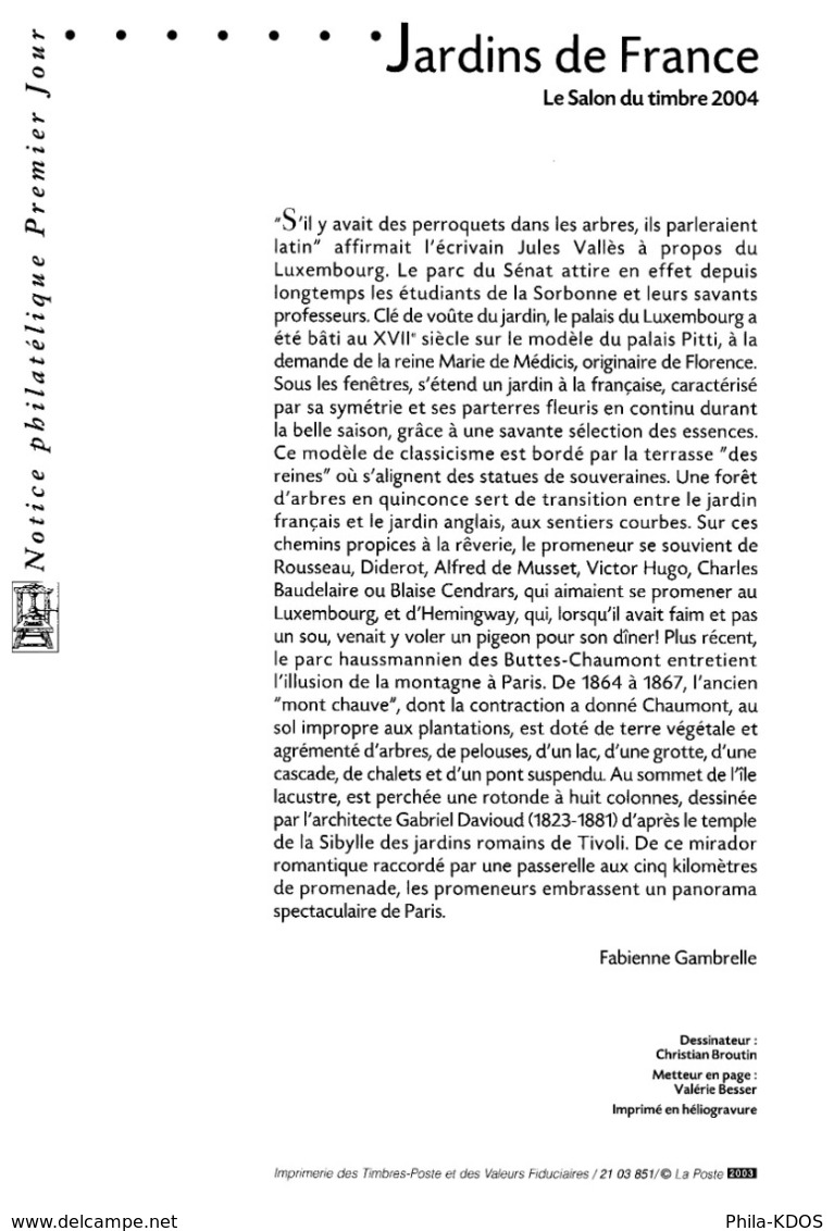 Faciale = 3.90 € " JARDINS DE FRANCE / LUXEMBOURG BUTTES CHAUM. " Sur Notice Officielle De 2003. N° YT 3606 07 Parf état - Documents Of Postal Services