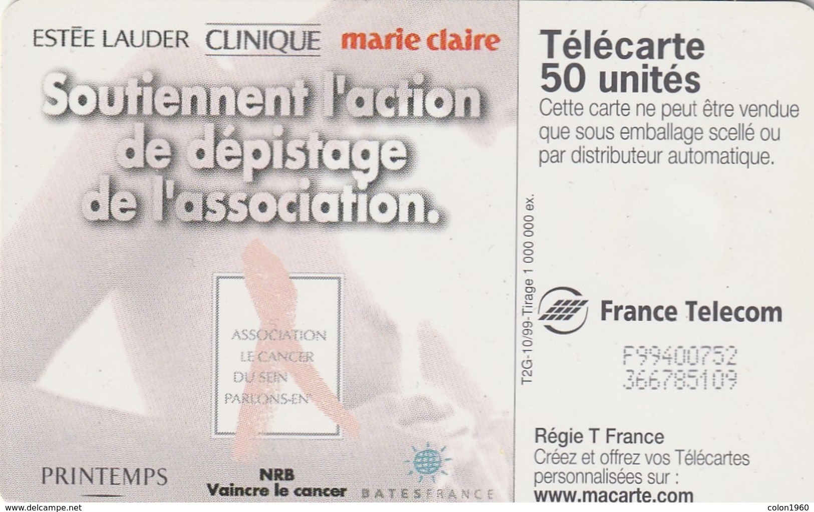 FRANCIA. F1016. Estee Lauder - Cancer Du Sein, 1016. 50U. 10/99. (009) - 1999