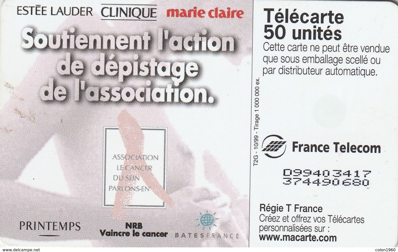 FRANCIA. F1016A. Estee Lauder - Cancer Du Sein. 50U. 10/99. (010) - 1999