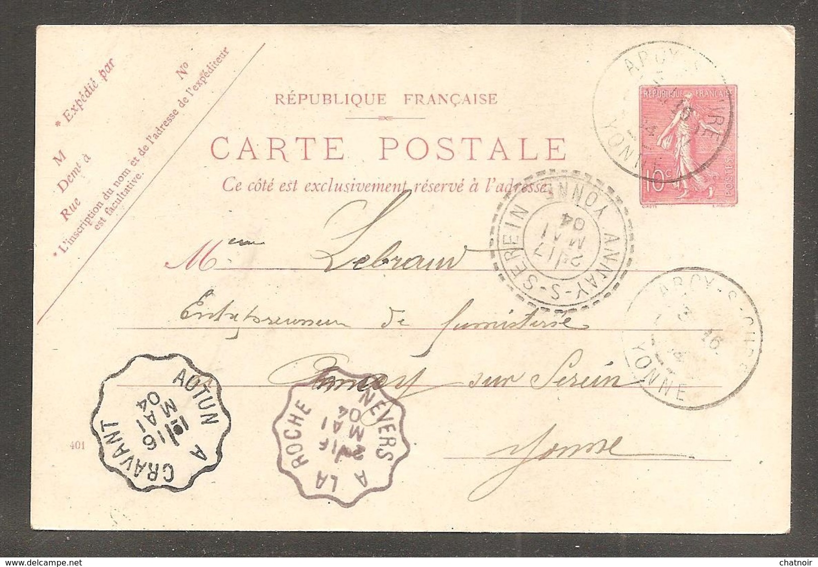 Entier  ARCY SUR CURE  Yonne  10c Semeuse + 2 Oblit Ferrov Nevers La Roche / Autun Cravant  +arriv Annay S Serein 1904 - Cartoline Postali E Su Commissione Privata TSC (ante 1995)