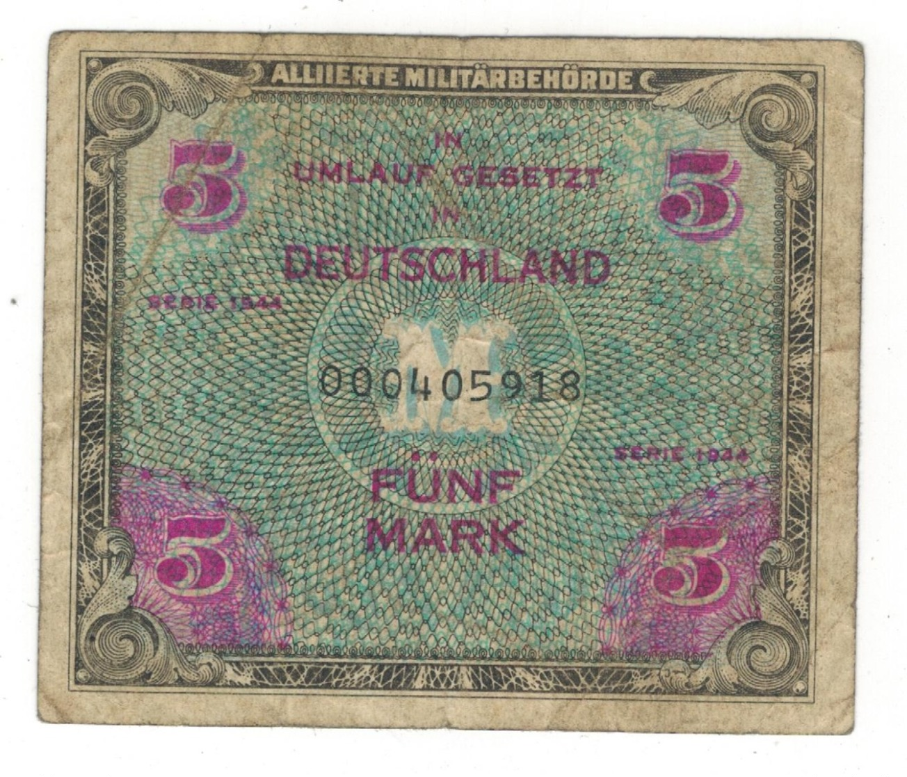 Germany Allied Occup. 5 Mk. 1944 ,  P-193a.USED. - 5 Mark