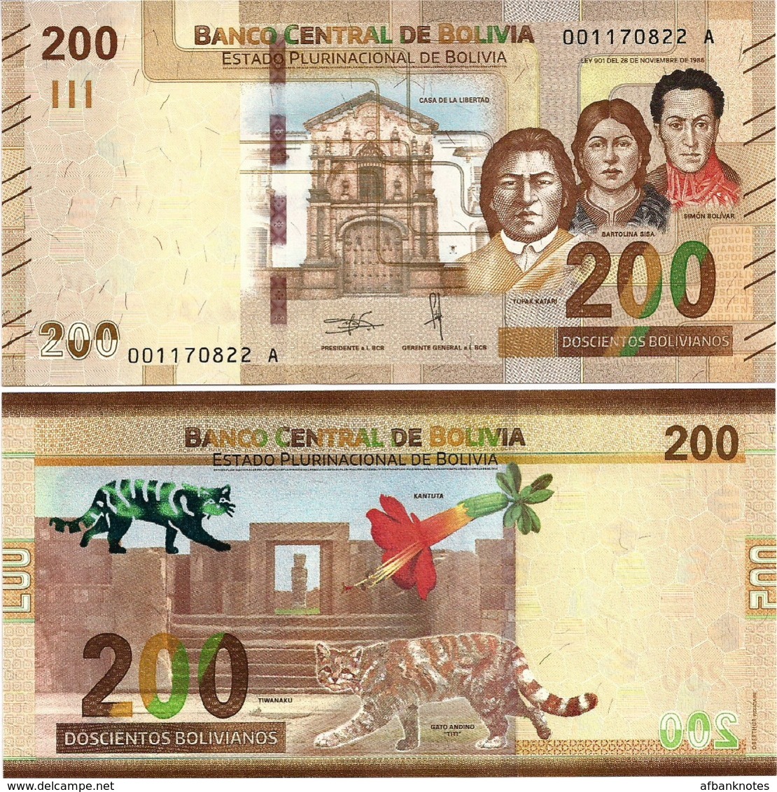 BOLIVIA       200 Bolivianos       P-New       L. 1986 (2019)       UNC  [Series A - Oberthur] - Bolivia