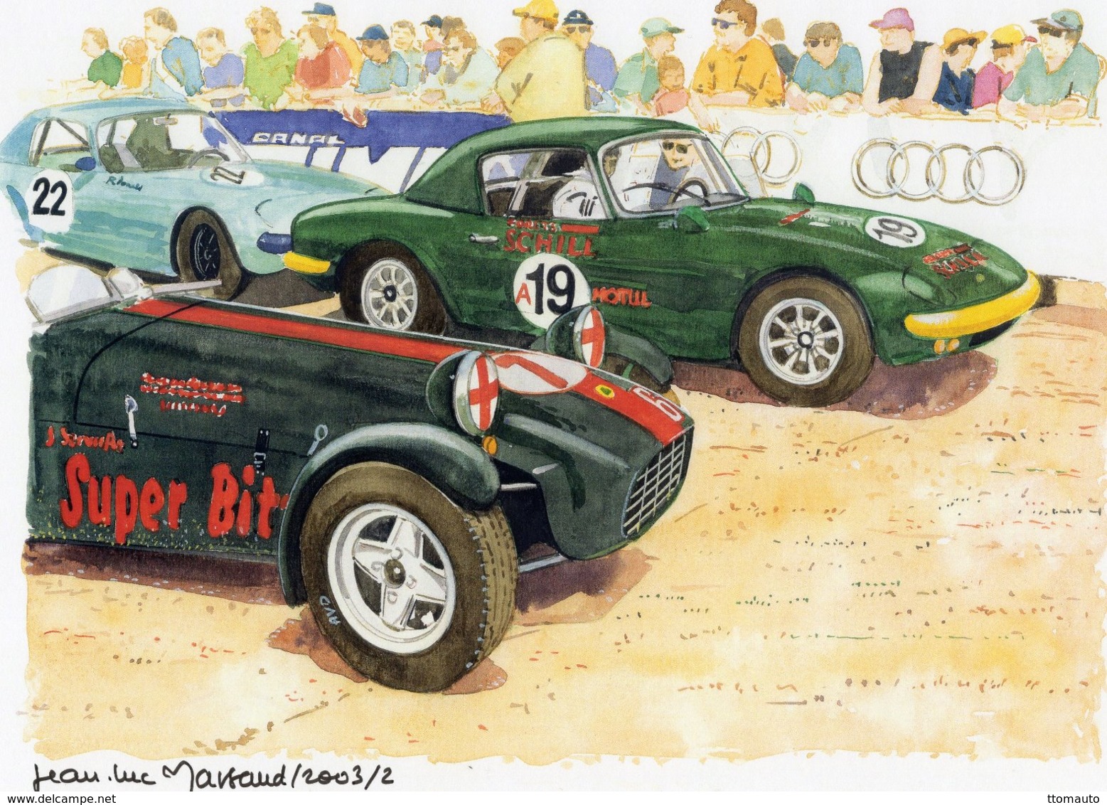 Lotus Seven Et Lotus Elan Au Départ  - Aquarelle Par Jean-Luc Marsaud (signée)  - (A4 30x21cms Art Print) - Autres & Non Classés