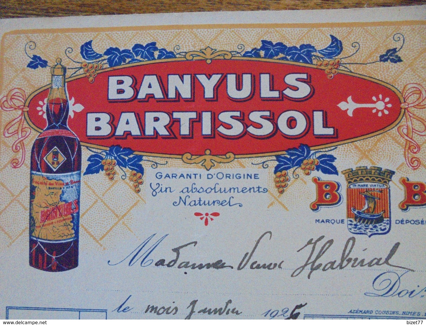 FACTURE - APERITIFS - BANYULS, BARTISSOL, 1925 FACTURETTE - DECO - Sonstige & Ohne Zuordnung