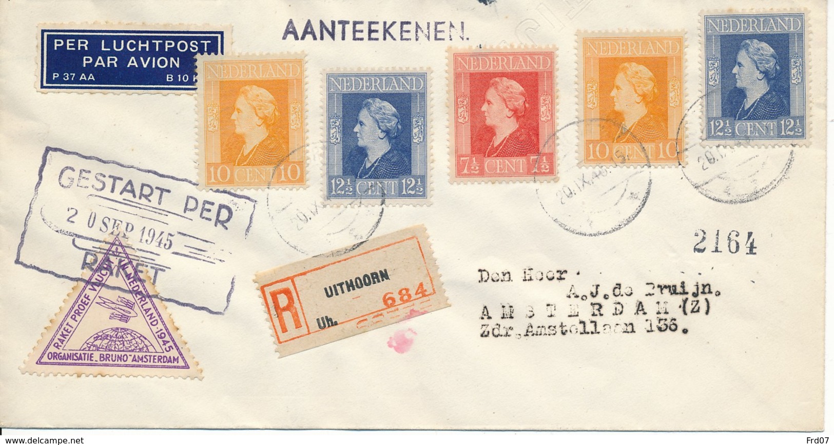 Raketpost 1945 – Aangetekend Uithoorn Gestart 20 November 1945 - Correo Aéreo