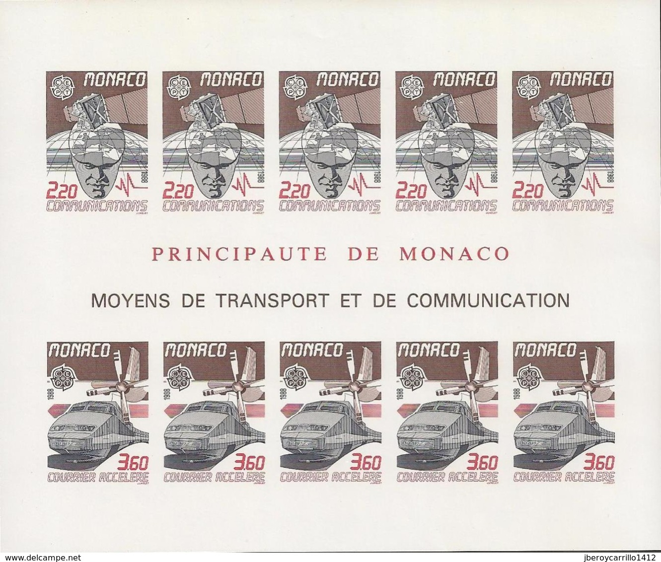 EUROPA 1988/ MONACO-"TRANSPORTES Y COMUNICACIONES"- HOJA BLOQUE 171x 143 Con 10 TIMBRES -SIN DENTAR  LUJO-Yvert Nº 41 A - 1988