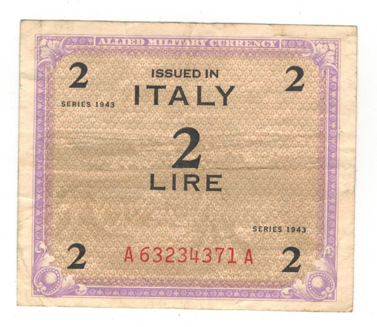 Italy 2 Lire Allied Milit. Currency, 1943. VF. - Allied Occupation WWII