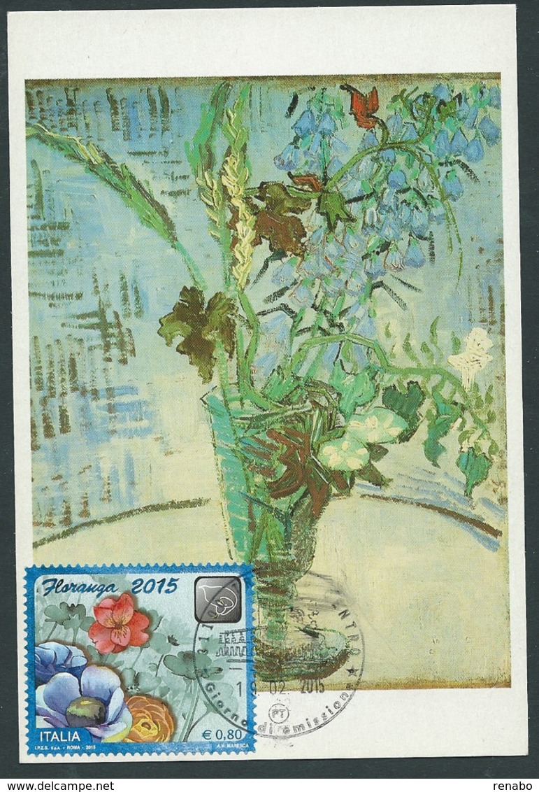 Italia / Italy 2015 ; Floranga Su Cartolina  "Fiori In Vaso" Di Van Gogh . Maximum Card E Anche FDC A Treviso Centro. - Cartoline Maximum