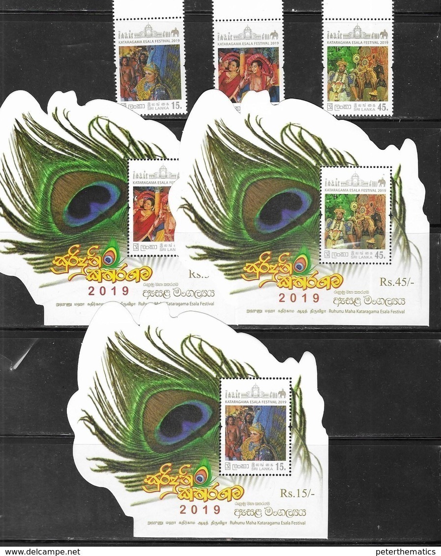 SRI LANKA, 2019, MNH, CELEBRATIONS, RUHUNU MAHA KATARAGAMA ESALA FESTIVAL, PEACOCKS, BIRDS, TEMPLES, 3v+ 3 S/SHEETS - Other & Unclassified