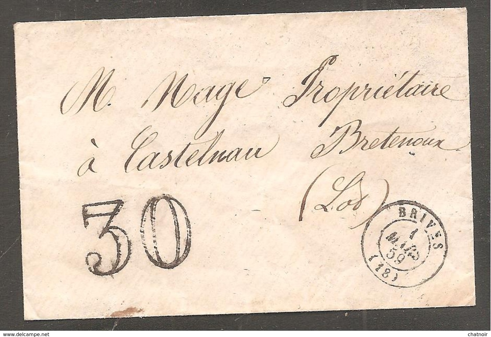 Lettre De  BRIVES   Correze  1859  + Taxe Tampon 30 - 1859-1959 Storia Postale