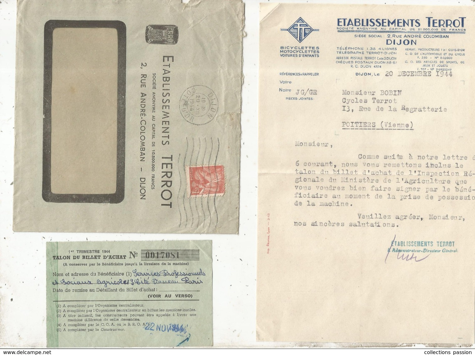 Lettre Commerciale + Enveloppe+ Talon De Billet D'achat, BICYCLETTES,  MOTOCYCLETTES ,ets TERROT, DIJON ,1944 - Automobile