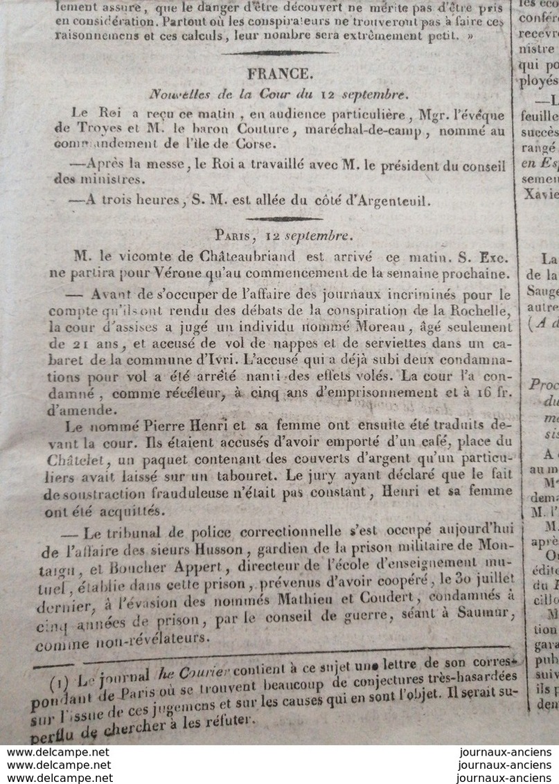 1822 Journal LA QUOTIDIENNE Du 13 Septembre - À VOIR - 1800 - 1849