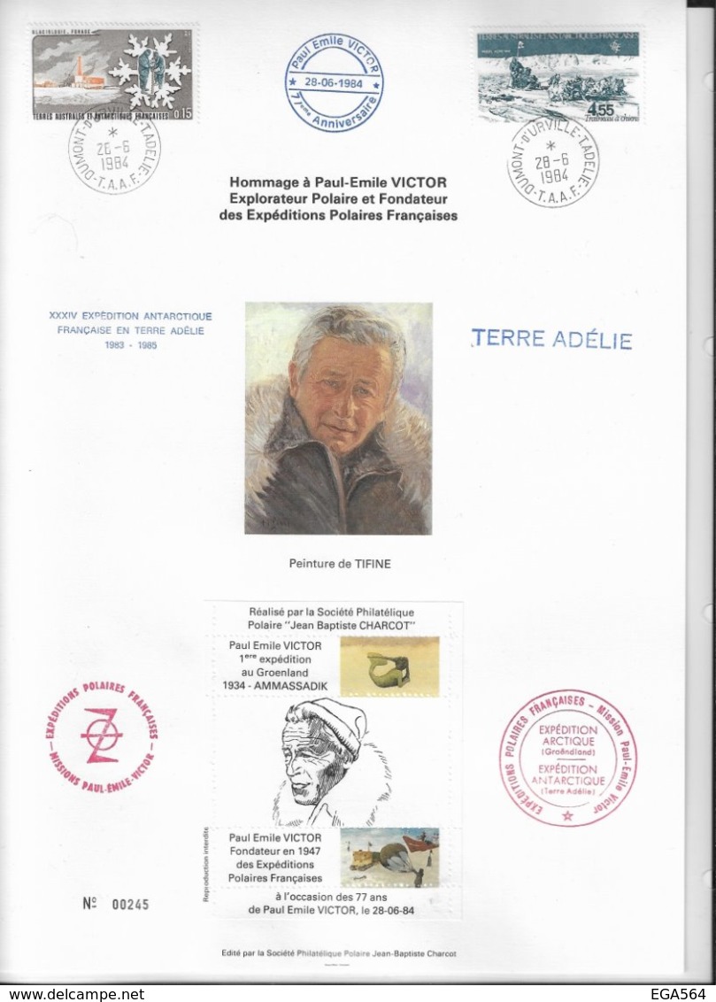 CA4 - Encart TERRE ADELIE - Hommage à Paul Emile Victor Du 28.6.1984 - Cachets Divers - Timbres TAAF - - Lettres & Documents