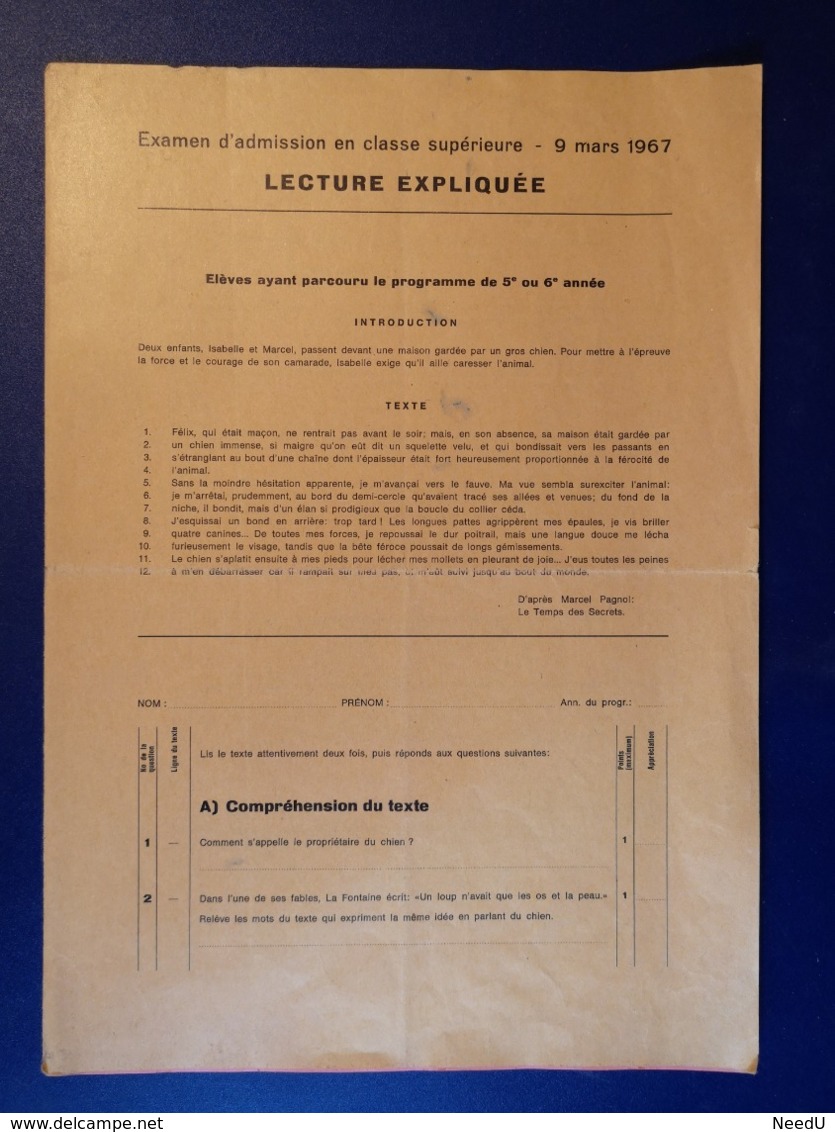 Marcel Pagnol : Le Temps Des Secrets--Examen D'admission En Classe Supérieure--9 Mars 1967 - Diplômes & Bulletins Scolaires