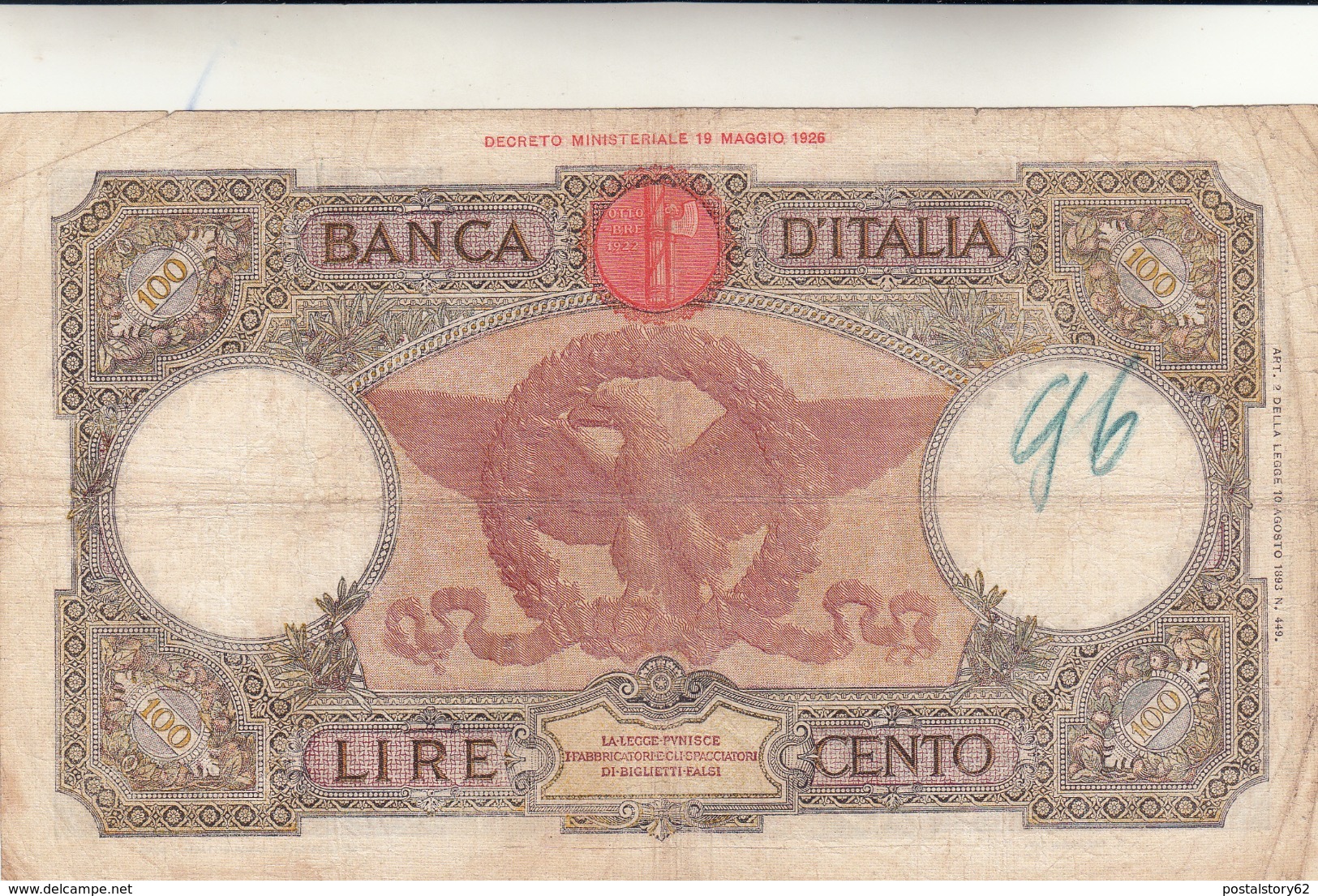 Lire 100 Aquila Romana Fascio Dec. 19/08/1941 F.to Azzolini Urbini.  Integra - 100 Lire