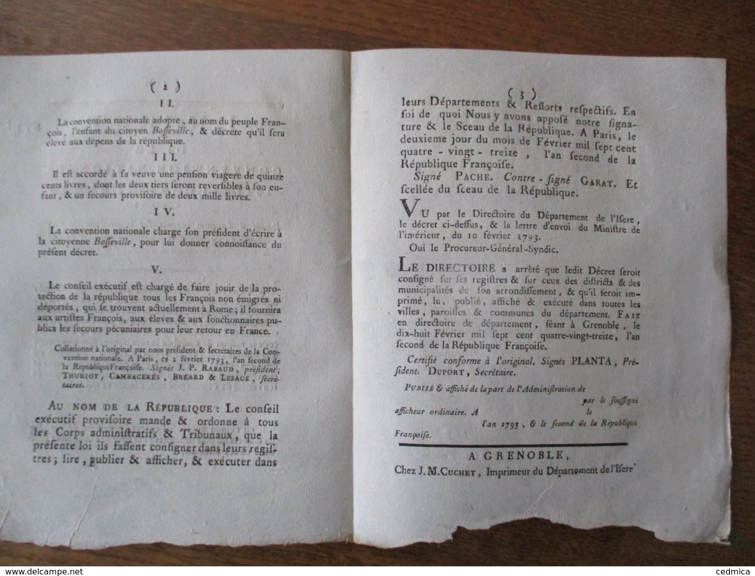 DECRET DE LA CONVENTION NATIONALE DU 2 FEVRIER 1793 RELATIF A L'ATTENTAT COMMIS SUR LA PERSONNE DU CITOYEN BASSEVILLE - Décrets & Lois