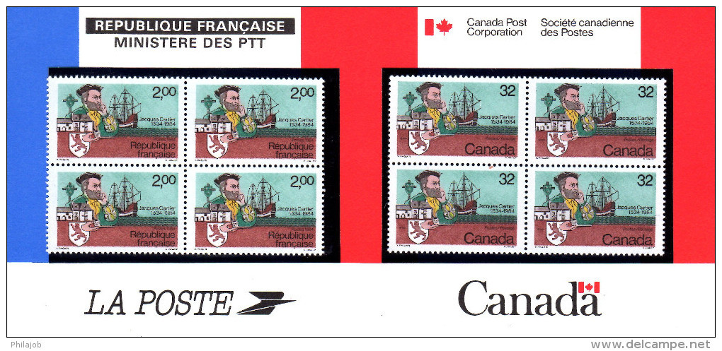 " FRANCE / CANADA : JACQUES CARTIER " Emission Commune De 1984 . 4 X N°YT 2307 + Canada 4 X N° YT 869 PPEC - Emissions Communes