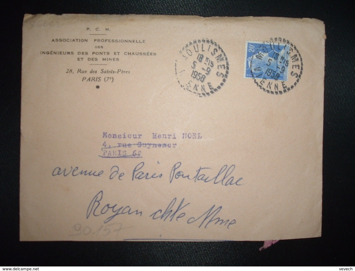 LETTRE TP M. DE MULLER 20F OBL. Tiretée 5-9 1958 MOULISMES VIENNE (86) INGENIEURS DES PONTS ET CHAUSSEES ET DES MINES - Sonstige & Ohne Zuordnung