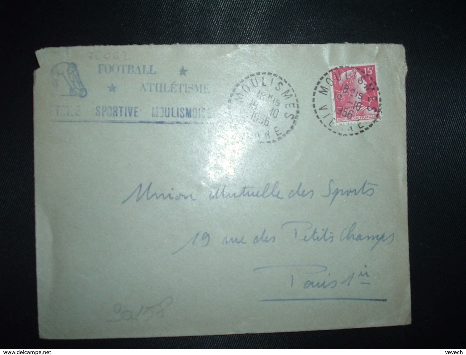 LETTRE TP M. DE MULLER 15F OBL. Tiretée 19-10 1956 MOULISMES VIENNE (86) FOOTBALL ATHLETISME ETOILE SPORTIVE - Other & Unclassified