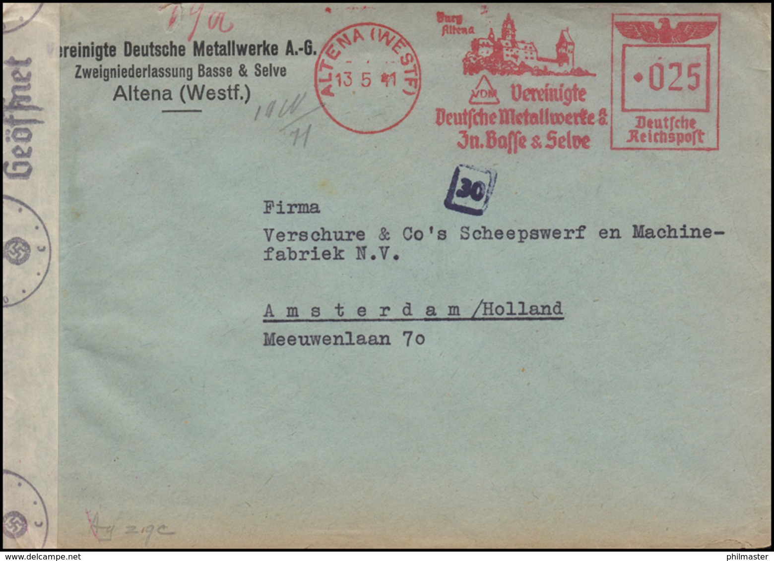 Zensurpost Absenderfreistempel Metallwerke Basse & Selve ALTENA / WESTF. 13.5.41 - Sonstige & Ohne Zuordnung