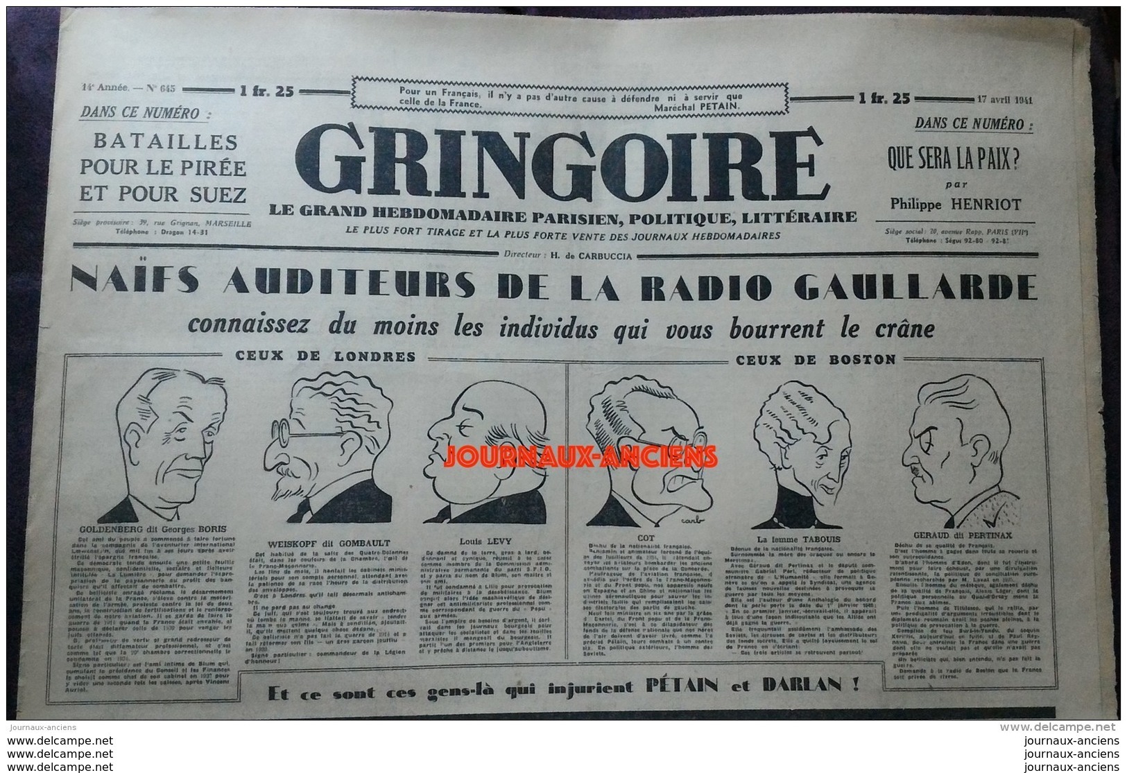 1941 Journal GRINGOIRE - COLLABORATION - N° 645 RADIO GAULLARDE - A VOIR - 1939-45