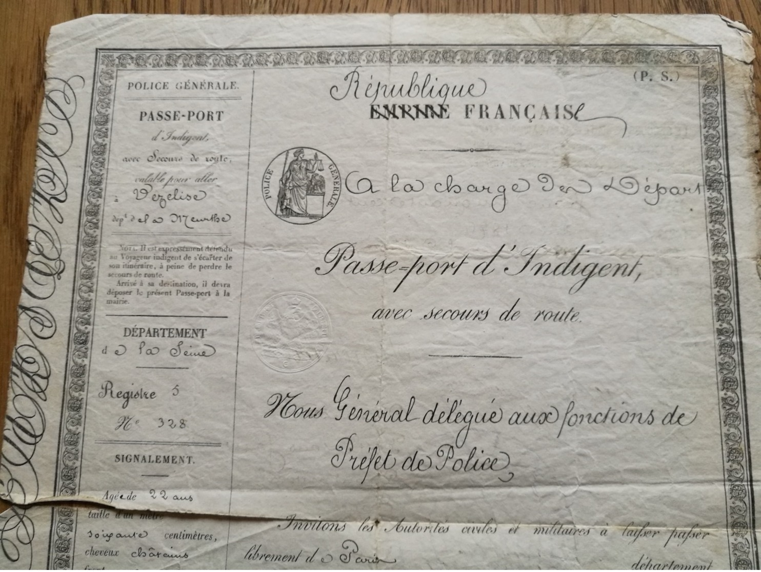 Passeport D'Indigent: "Empire Français " Biffé Devenu "République..." De Paris à  Vezelise  1871 - Documenti Storici