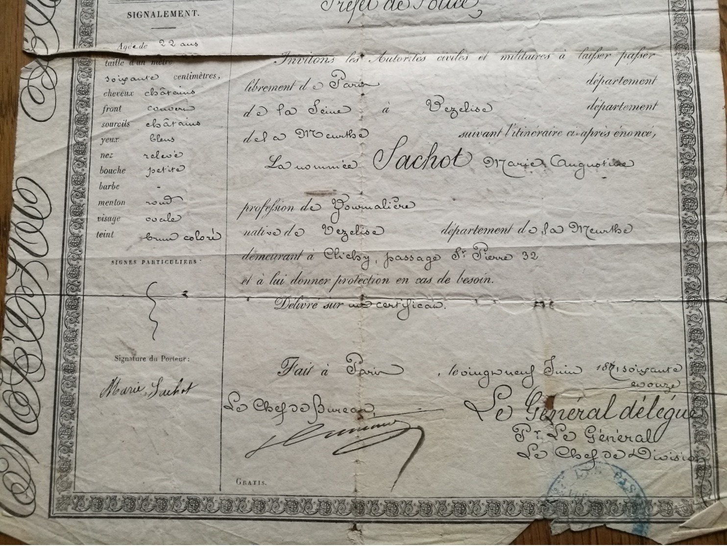 Passeport D'Indigent: "Empire Français " Biffé Devenu "République..." De Paris à  Vezelise  1871 - Documenti Storici