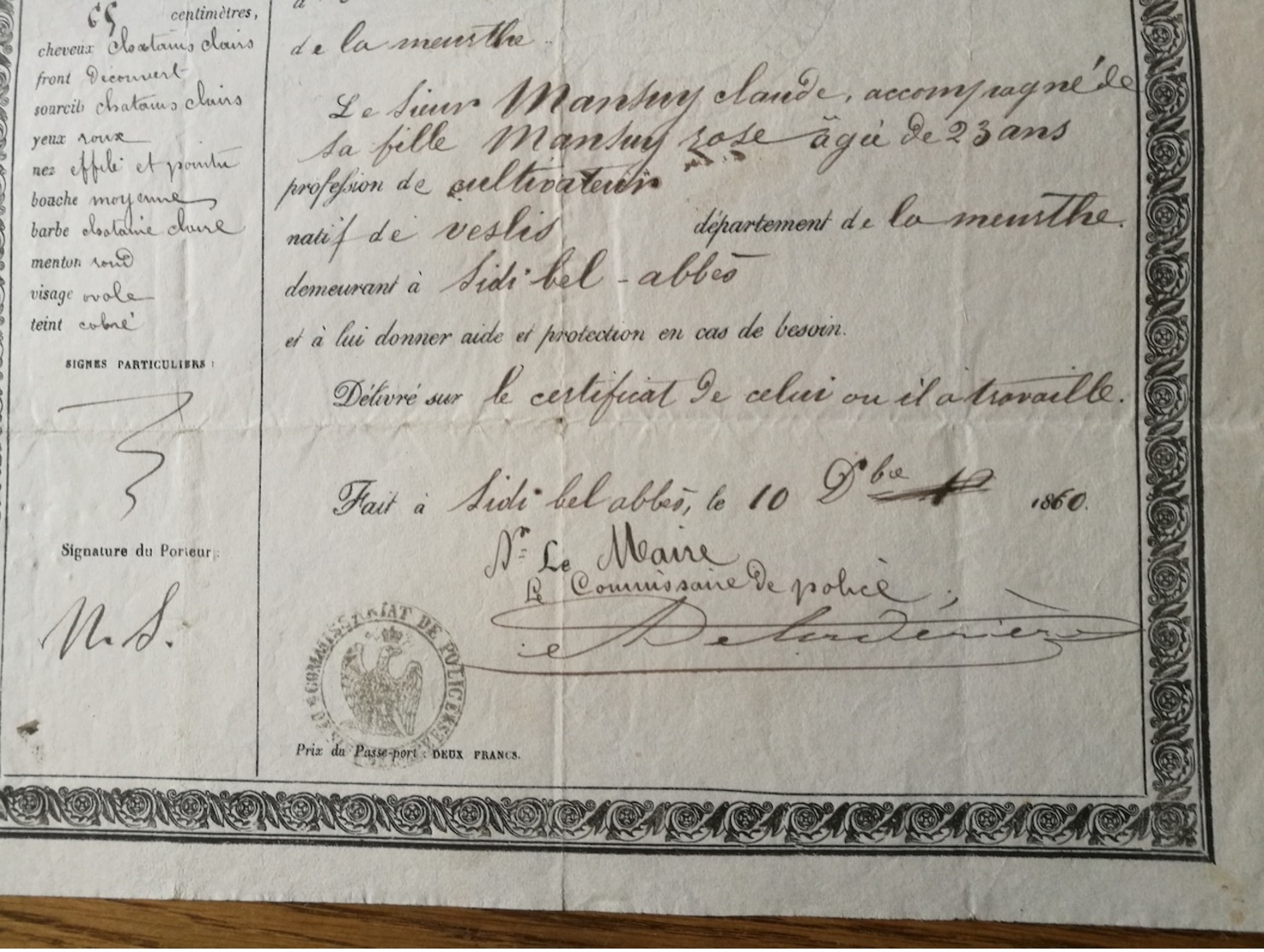 Passeport à L'Interieur, Empire Français  1860 De SIDI BEL ABBES  à  VESLIS Dans La Meurthe - Documents Historiques