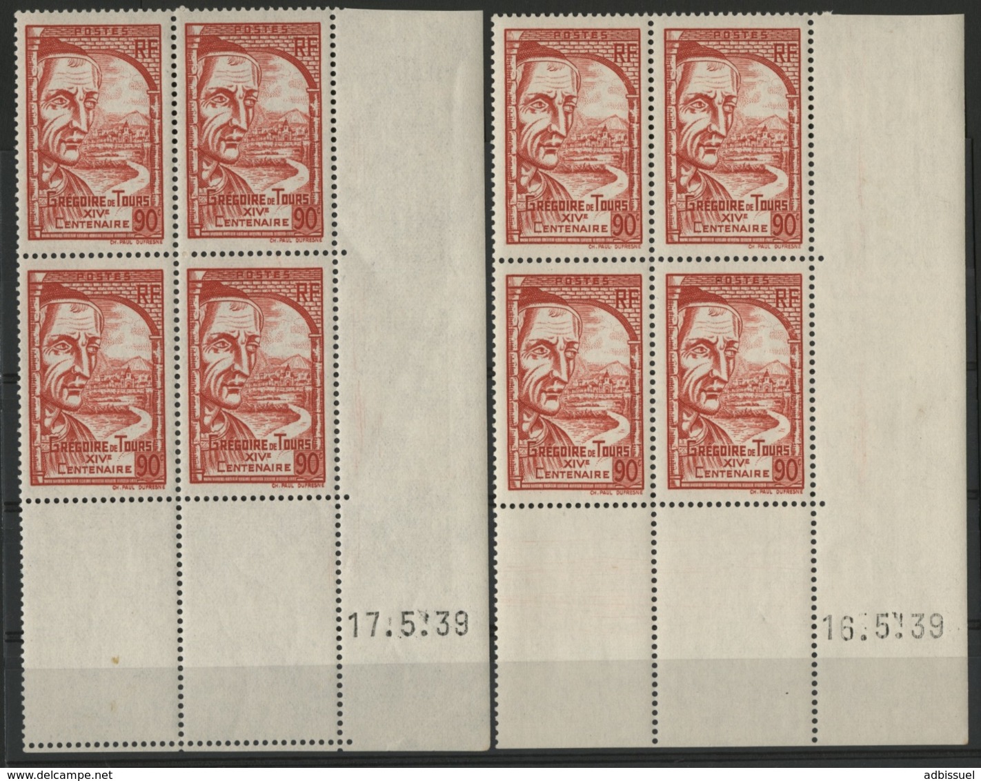 N° 442 (x8) ** (MNH). Cote 15 €. Deux Coins Datés Différents Du 16 Et 17/5/39 / "Grégoire De Tours" - 1930-1939
