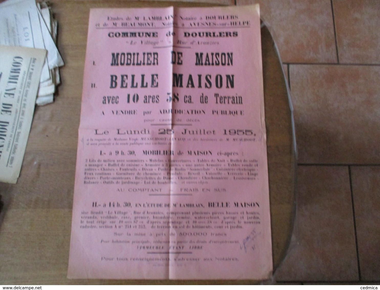 DOURLERS " LE VILLAGE"-RUE D'AROUZIES VENTE DE MOBILIER DE MAISON,BELLE MAISON POUR CAUSE DE DECES DE M.MUSSCHOOT - Plakate
