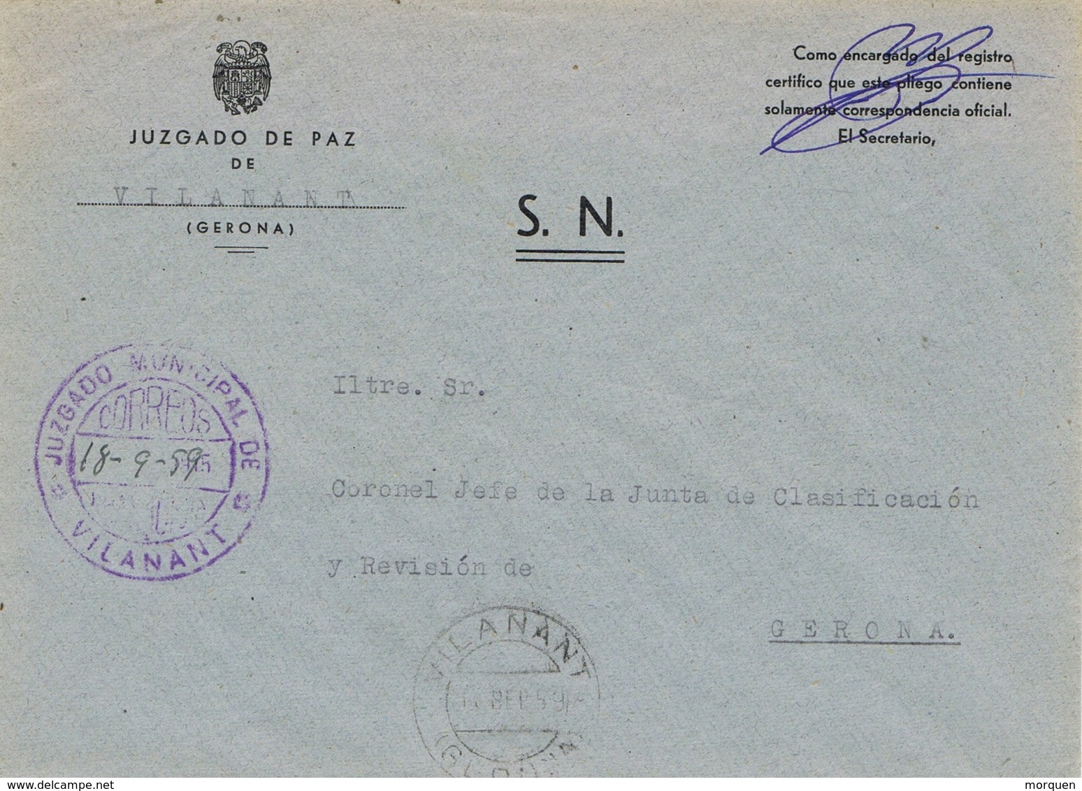 34106. Carta S.N. Franquicia Juzgado Municipal VILANANT (Gerona) 1959. Fechador Vilanant - Cartas & Documentos