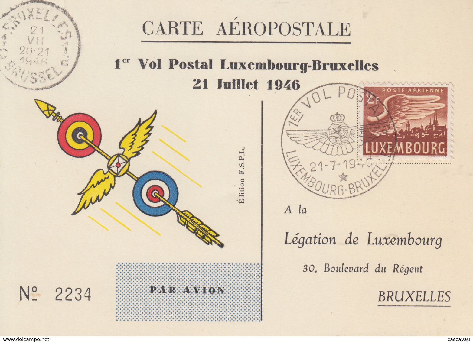 Carte  LUXEMBOURG  1er  Vol   Postal    LUXEMBOURG - BRUXELLES    1946 - Covers & Documents