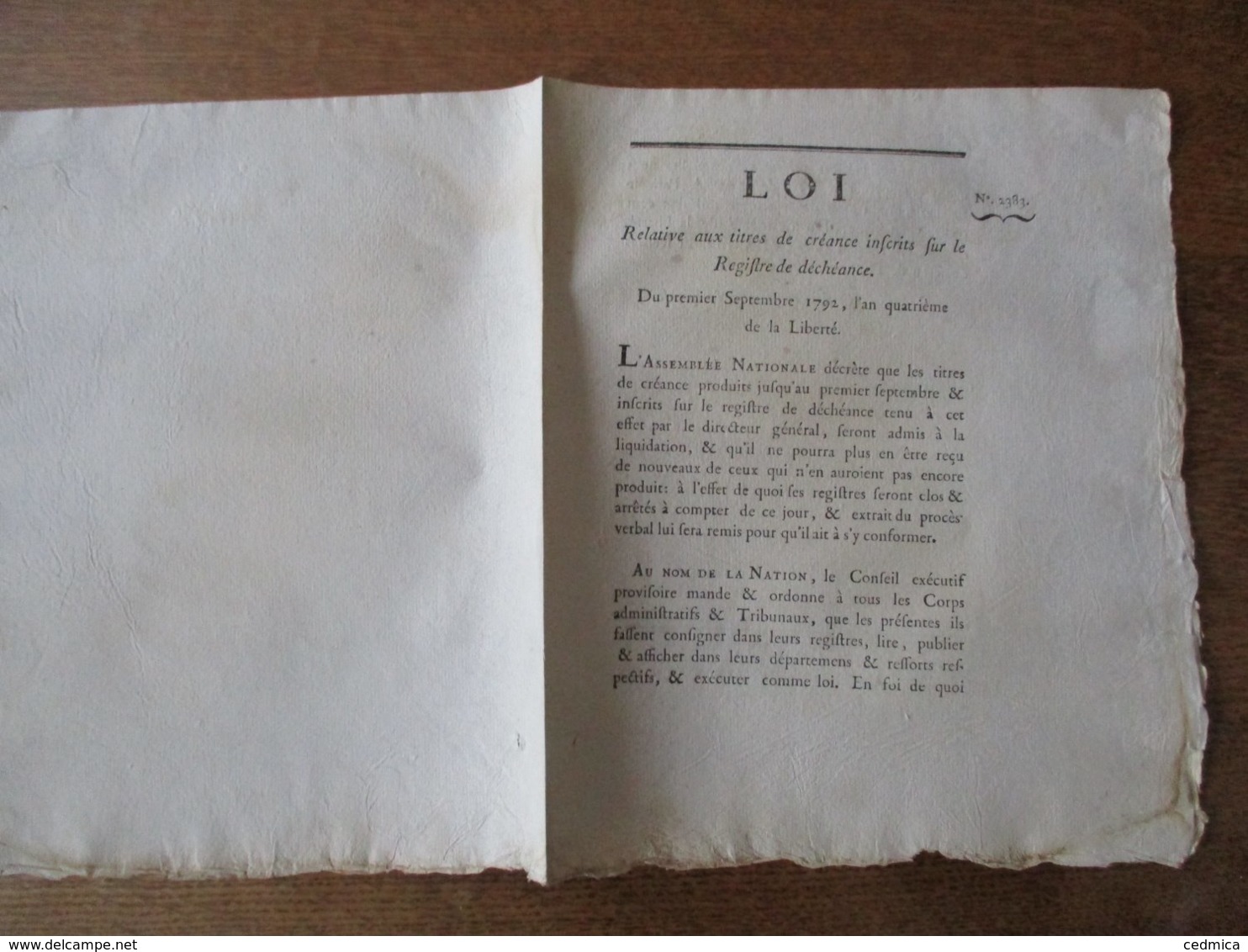 LOI DU PREMIER SEPTEMBRE 1792 RELATIVE AUX TITRES DE CREANCE INSCRITS SUR REGISTRE DE DECHEANCE - Décrets & Lois