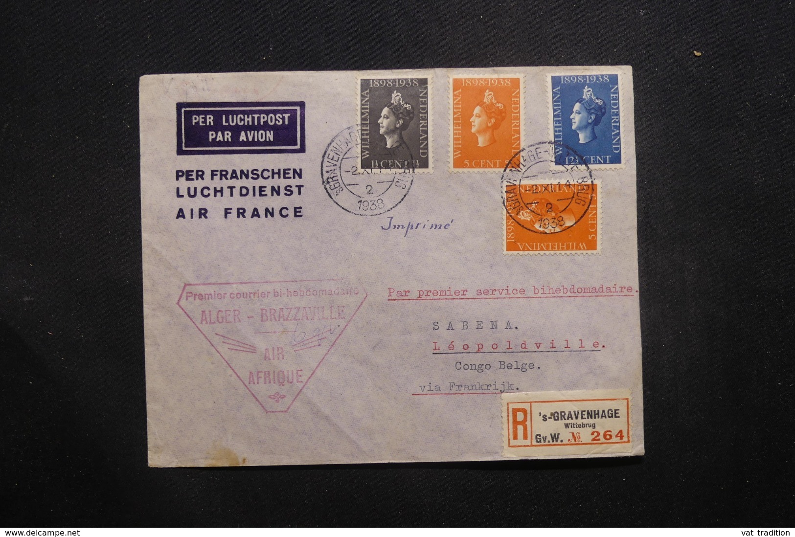 PAYS BAS - Enveloppe En Recommandé De Gravenhage Pour Léopoldville En 1938 Par 1er Vol Alger / Brazzaville - L 42973 - Brieven En Documenten