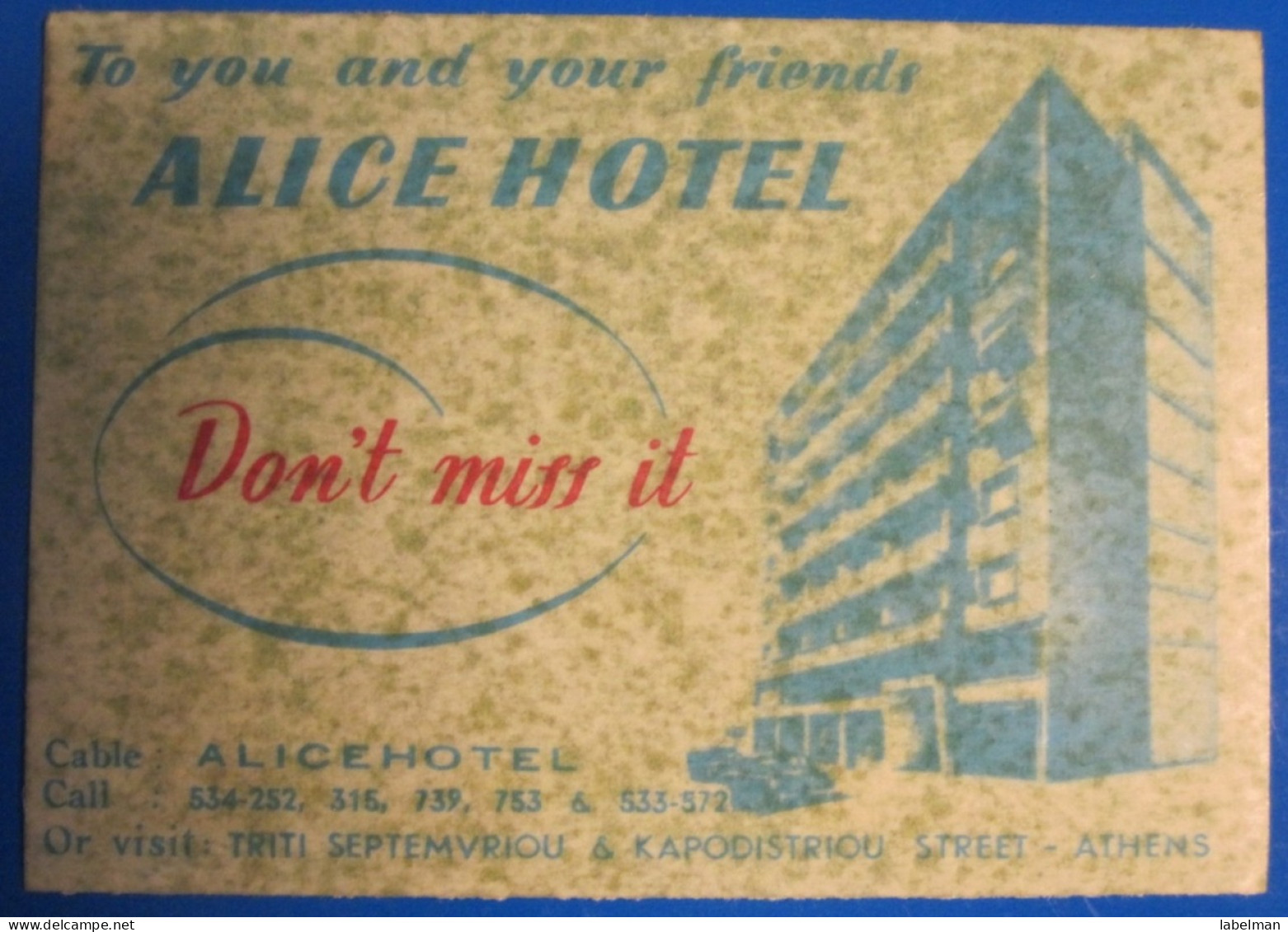 HOTEL MOTEL INN RESIDENCE ALICE ATHENS GREECE LUGGAGE LABEL ETIQUETTE AUFKLEBER DECAL STICKER - Etiketten Van Hotels