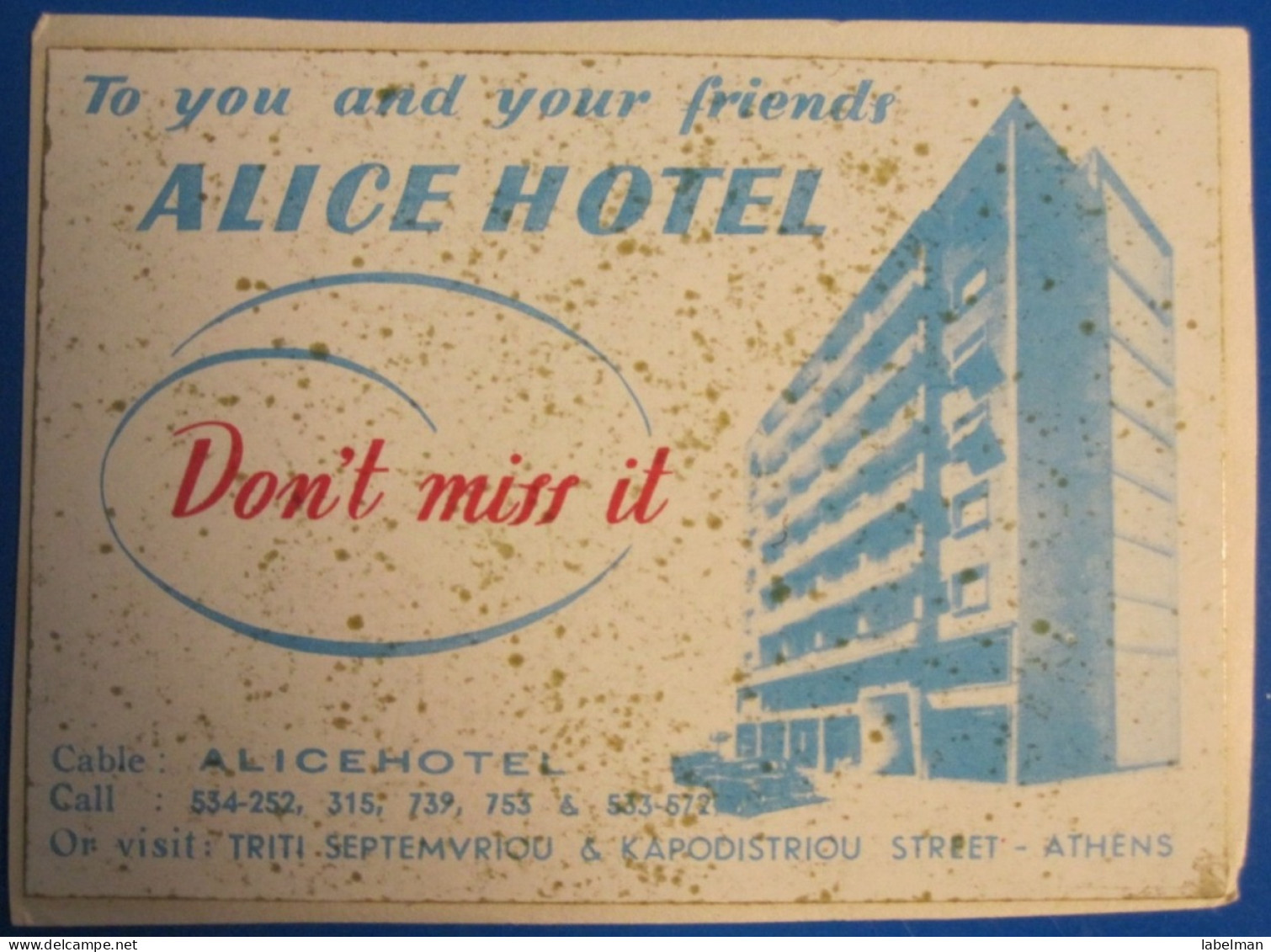 HOTEL MOTEL INN RESIDENCE ALICE ATHENS GREECE LUGGAGE LABEL ETIQUETTE AUFKLEBER DECAL STICKER - Etiketten Van Hotels