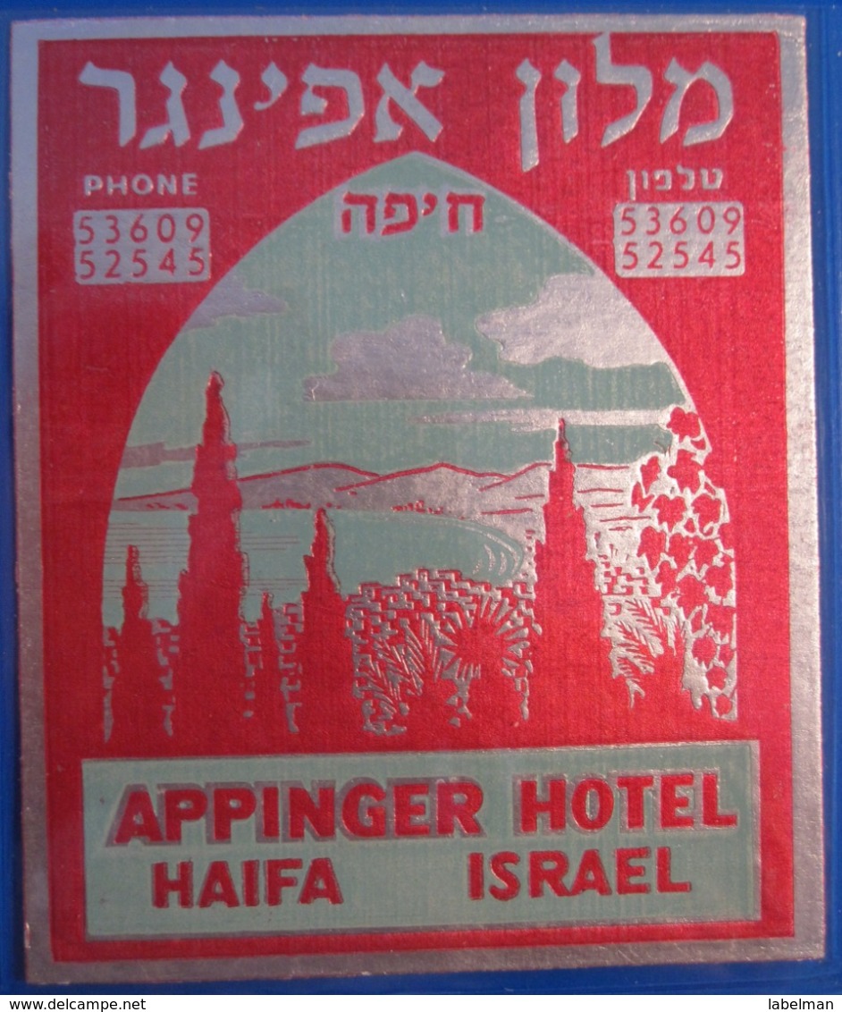 HOTEL PENSION APPINGER GERMAN TEMPLER COLONY PORT HAIFA ISRAEL PALESTINE STICKER DECAL LUGGAGE LABEL ETIQUETTE AUFKLEBER - Hotel Labels