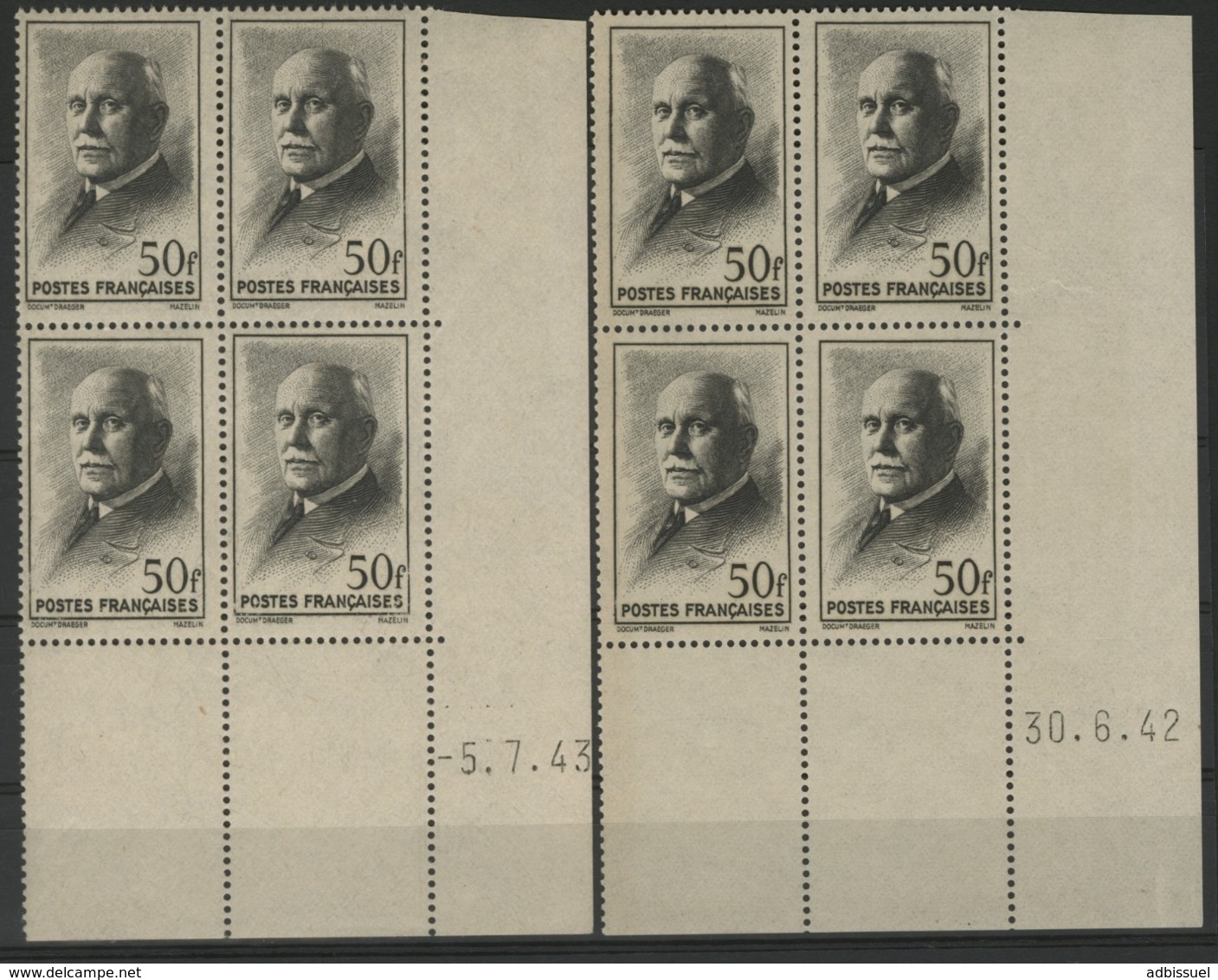 N° 525 (x8) ** (MNH). Deux Coins Datés Du 30/6/42 Et 5/7/43 / Blocs De Quatre "Pétain". - 1940-1949